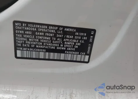 2018 Volkswagen Passat 3.6L V6 Gt from USA, damaged, VIN 1VWJM7A36JC050330